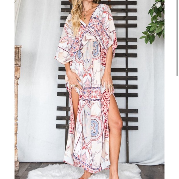 Multi Stripe Floral Print V-Neck Dolman Sleeves Maxi Dress with Side… - Picture 2 of 16
